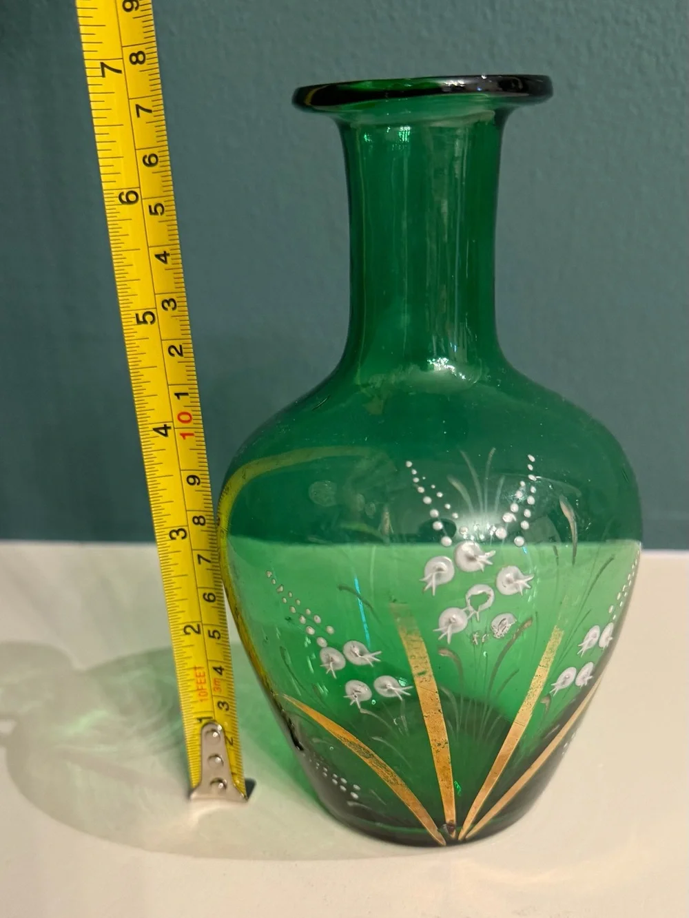Vintage Bohemian Czech Emerald Green Glass Vase Hand Painted Enamel & Gold 7”